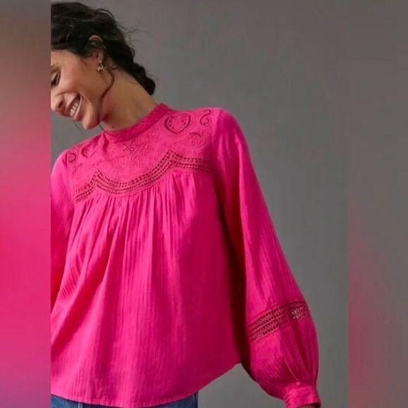 Anthropologie Womens Embroidered Peasant Blouse Top Size S Magenta Long Sleeve - Picture 4 of 14